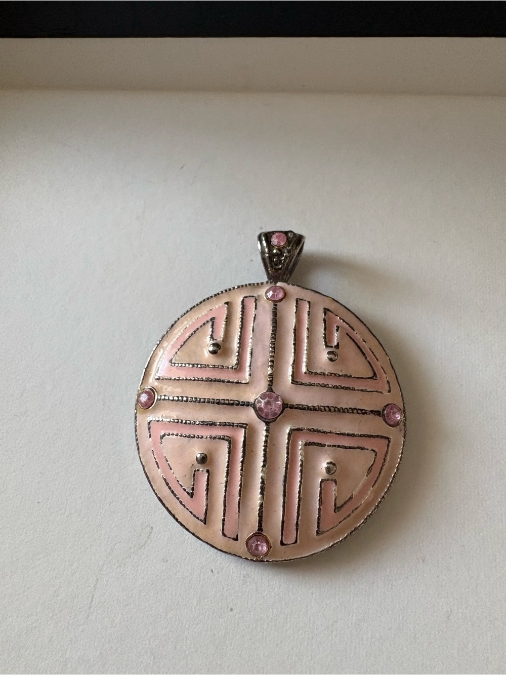 Pink Enamel Geometric Medallion Pendant